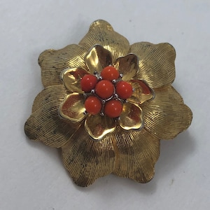 Vintage Marcel Boucher Gold Tone Flower Brooch with Glass Coral Cabochon Stones