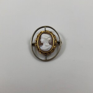 May include: A cameo brooch featuring a white profile of a woman with a gold frame and a silver oval setting.