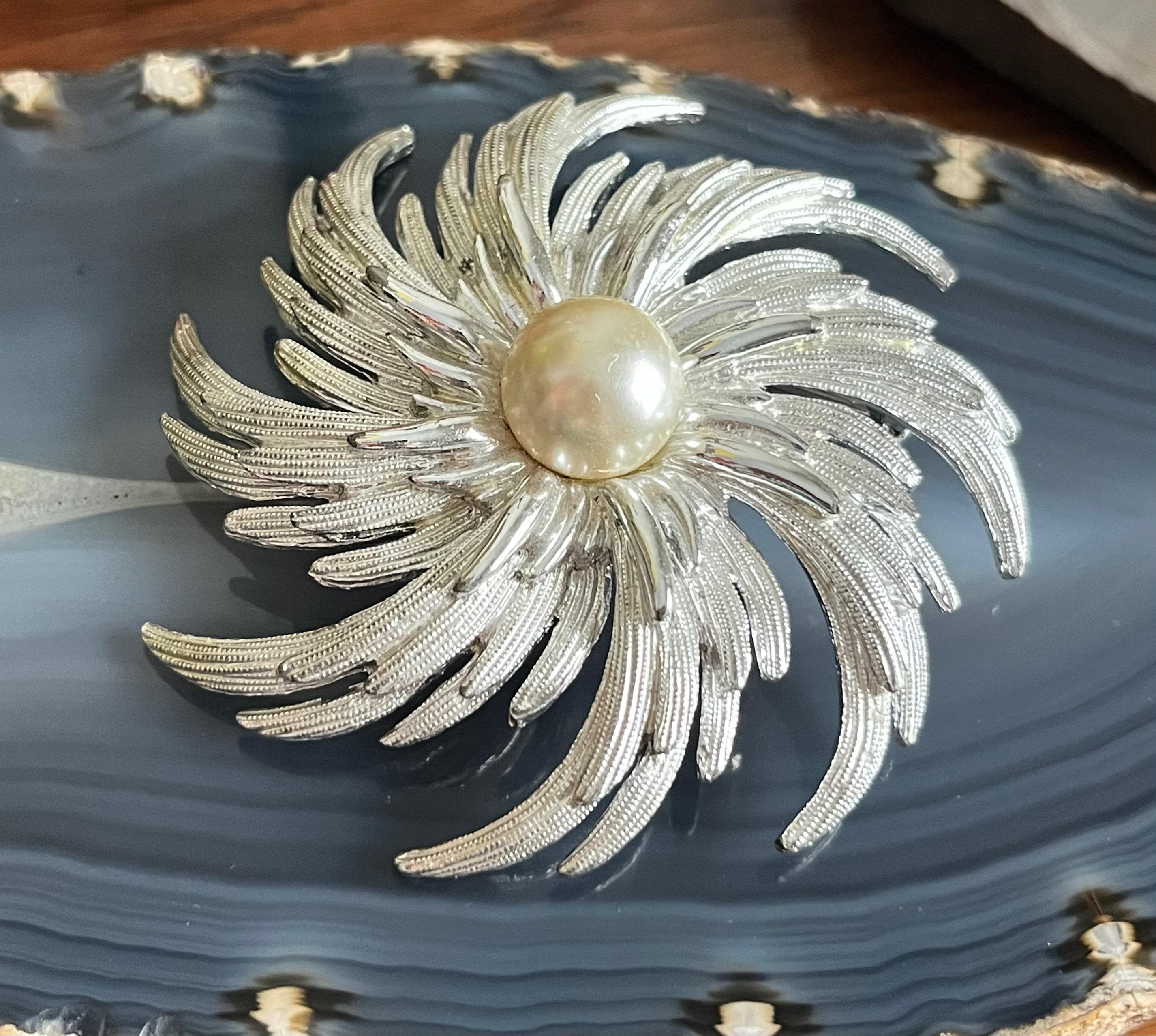 Huge Vintage Sarah Coventry Silvertone Faux Pearl Pinwheel 