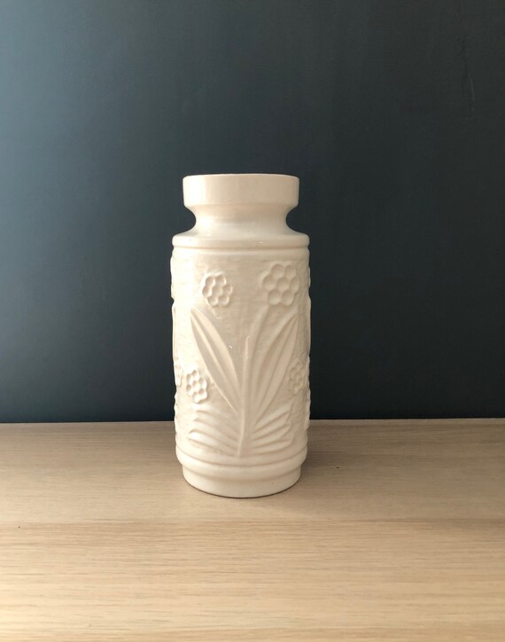 1960s West German Pottery Ilkra Keramik Model 70/23 White Floral Relief Mid Century Vase