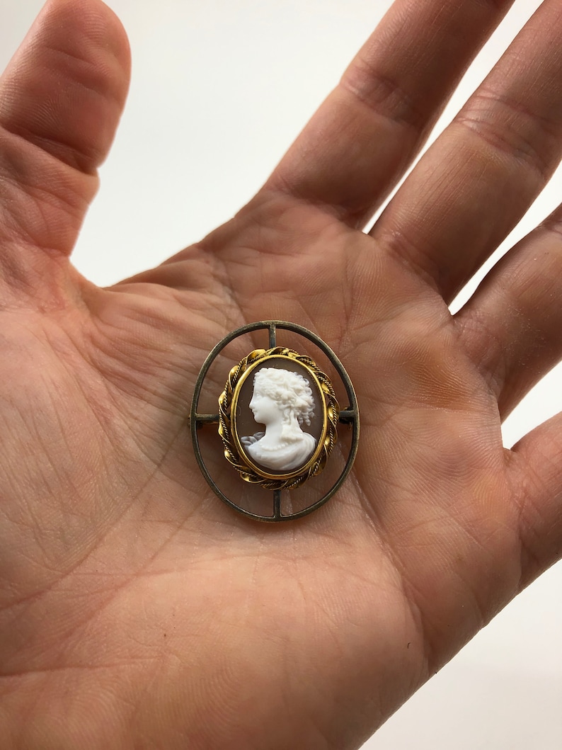 May include: A gold-toned cameo brooch with a white cameo of a woman's profile. The cameo is set in a gold-toned frame with a braided design.