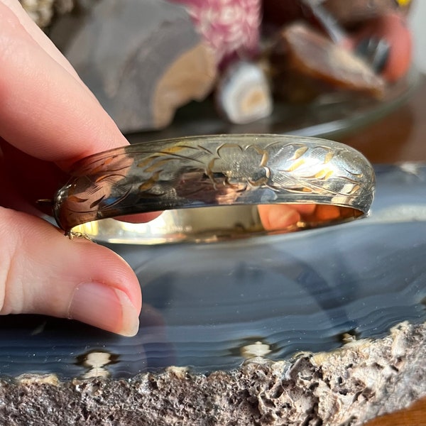 Vintage Ladye Fayre Leaf and Flower Engraved Two Tone Gold Filled Clamper Bangle Bracelet