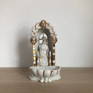 Antique German or French White and Gold Porcelain Personal Holy Water Font