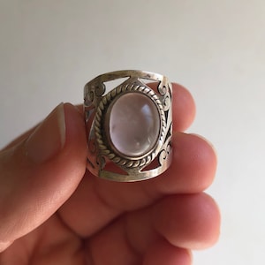 Vintage Boho Sterling Zilver Rozenkwarts doorboord brede sigaar Band damesring