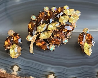 Demi-parure Vintage Années 60 - Clips à Vis Et Broche Laiton Doré Avec Strass