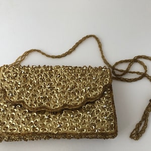 Vintage Bijoux Terner Gold Perlen Damen Abend Tasche Geldbörse Mit Langen über Die Schulter Riemen