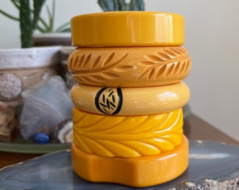 CHOICE Carved Yellow Bakelite Stacking Bangle Bracelets