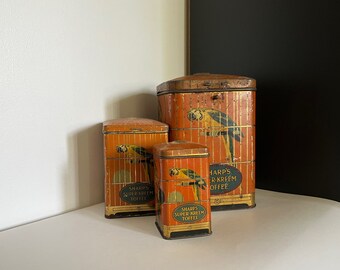 Set of 3 Antique 1920s Sharps Super Green Toffee Tins Parrot in a