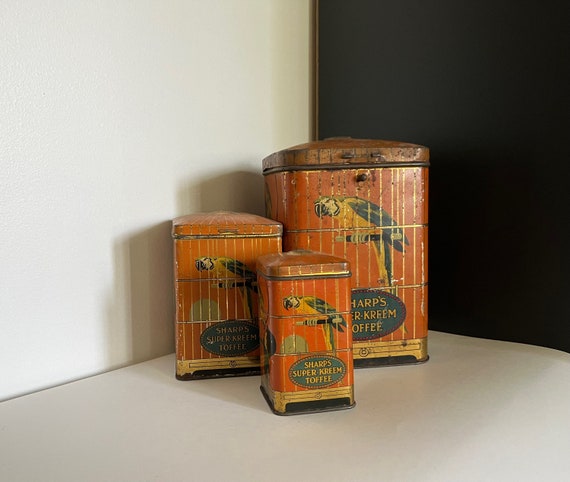 Set of 3 Antique 1920s Sharps Super Green Toffee Tins Parrot in a