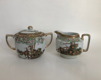 Antique Nippon Moriage Jewelled Creamer and Sugar Bowl