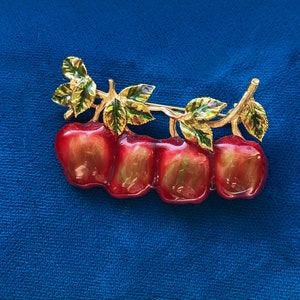 Vintage Four Enamelled Red Apples on a Branch Figural Brooch