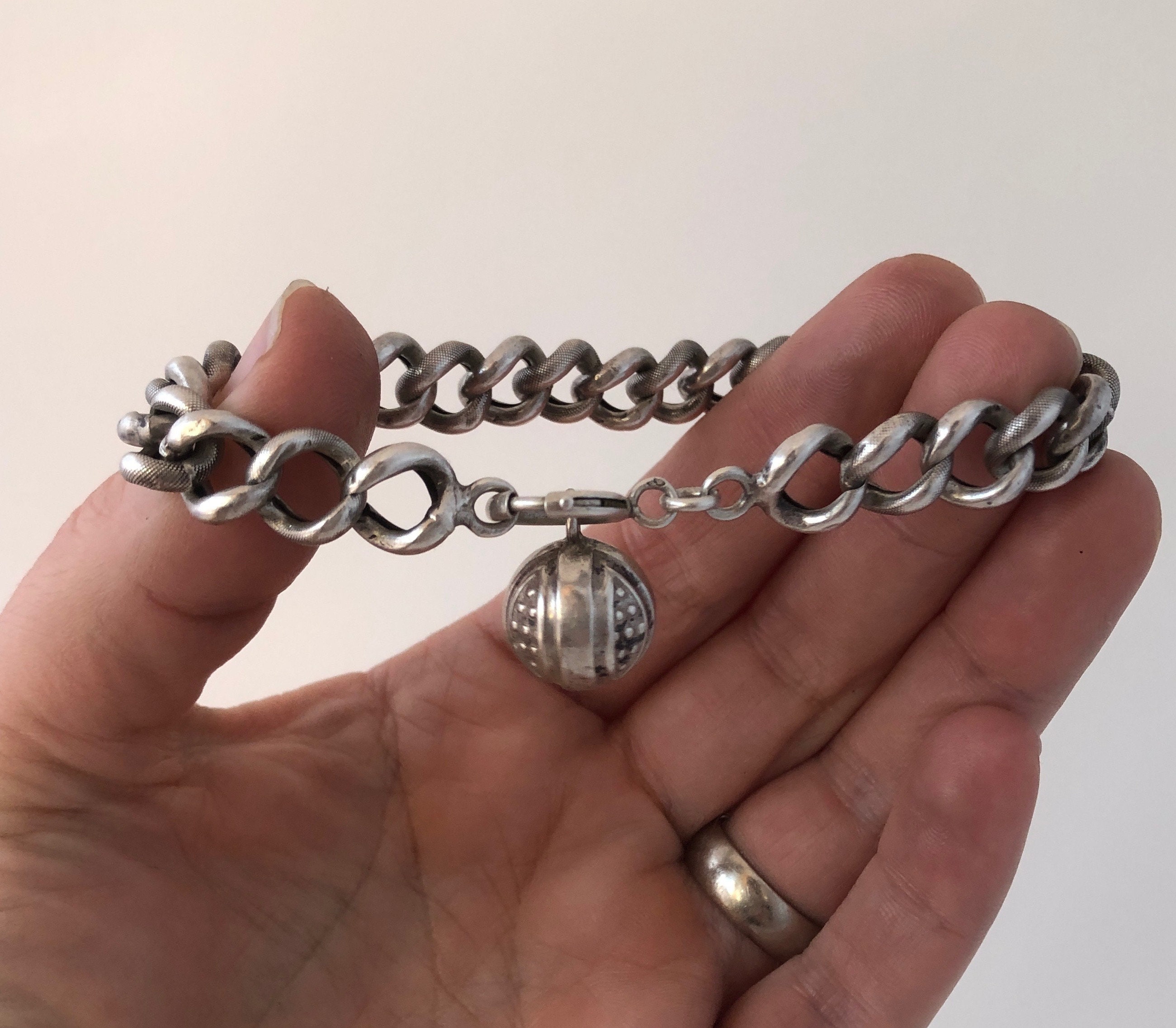 Antique Victorian French Silver Patterned Chain Link Bracelet With