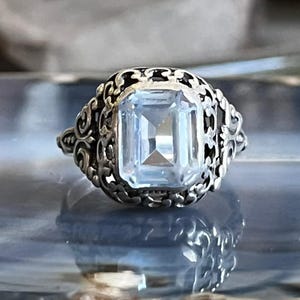 Antique Vintage Sterling Silver Filigree Emerald Cut Aquamarine Ladies Ring