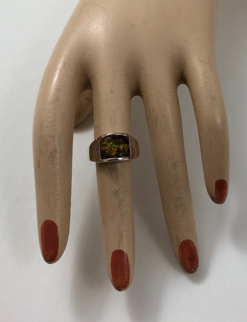 Vintage Sterling Silver Modernist Amber Ring
