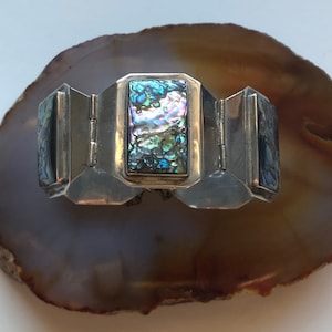 Vintage Panel Mexican Sterling Silver Abalone Large Chunky Bracelet