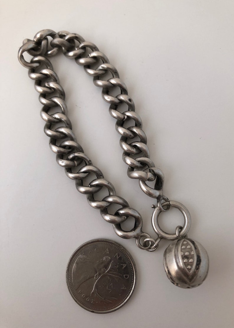 Antique Victorian French Silver Patterned Chain Link Bracelet with Charm Fob