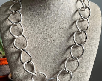 Oversized Chunky Sterling Silver Textured Oval Link Necklace