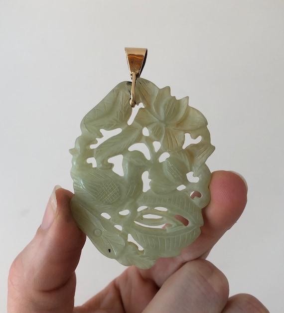 Antique Carved Openwork Pendant of Nephrite Celadon Jade Floral