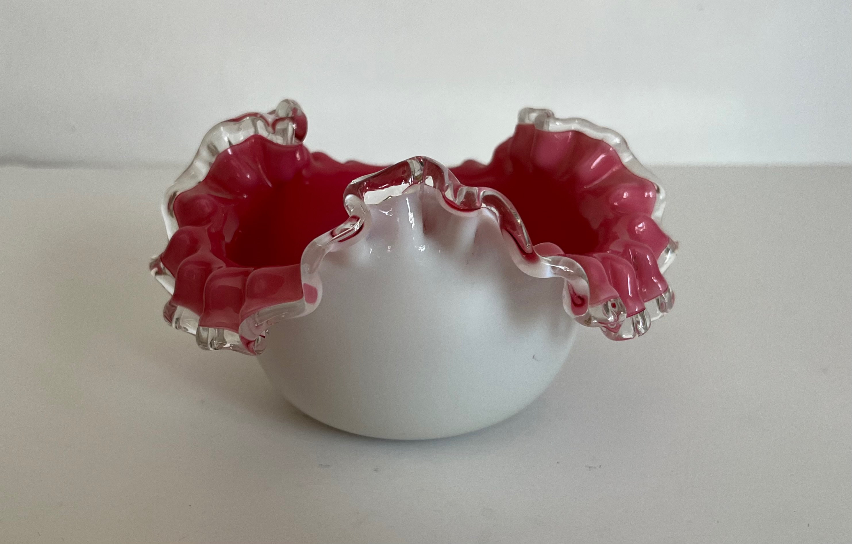 Pink Ruffle Rim Antique Fenton Rosecrest Pink and Milk Glass Ruffled Rim Candy Dish ...