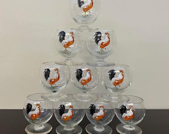 Set of 10 MCM Handpainted Rooster Cordial Barware Glasses