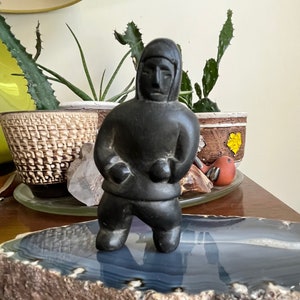 Vintage Canadian Inuit Carved Soapstone Figure of Man Signed in Syllabics Camille Iquliq