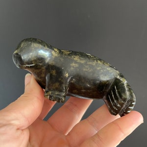 Vintage Canadian Inuit Soapstone Seal Carving Sculpture Syllabics Signed