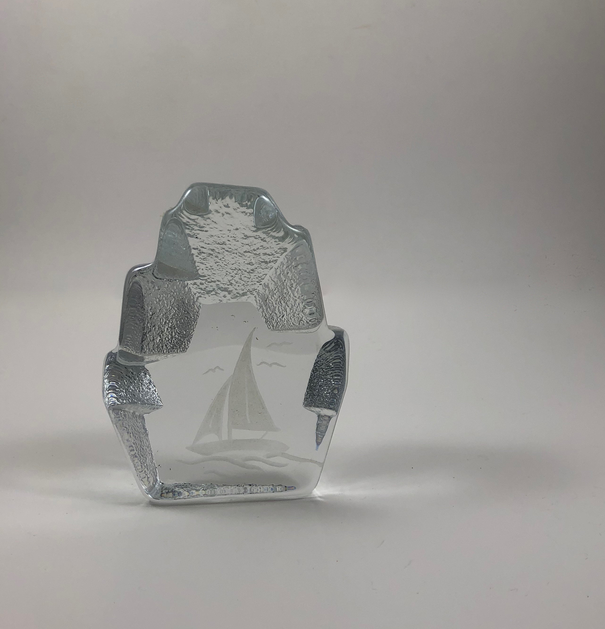 Vintage Krona Sweden Engraved Glass Ship Sculpture Paperweight