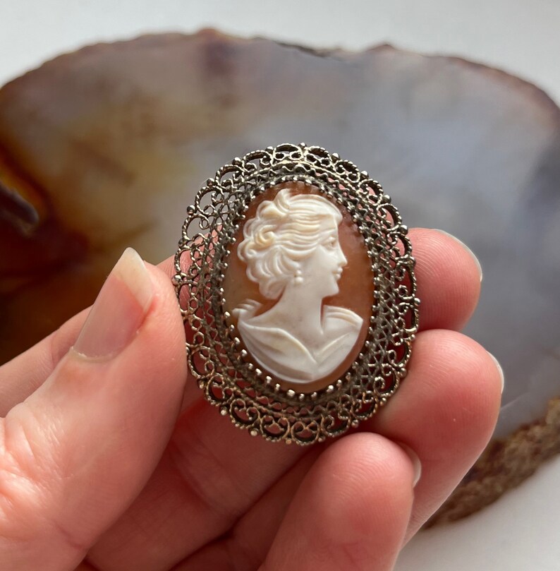 May include: A cameo brooch featuring a white cameo of a woman's profile set in a silver filigree frame.