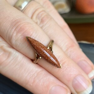 Vintage Antique 10K Gold Long Goldstone Navette Ladies Ring image 6