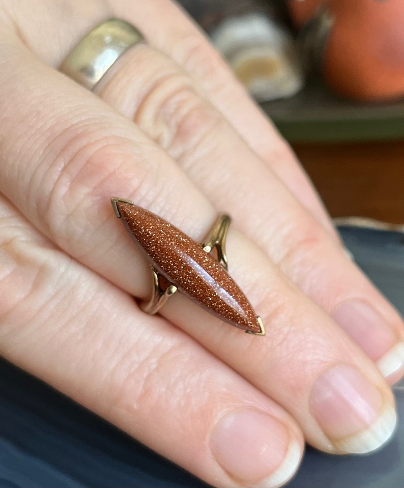 Vintage Antique 10K Gold Long Goldstone Navette Ladies Ring image 6