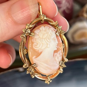 Antique Vintage Gold Filled Carved Shell Cameo Brooch Pendant for Necklace zdjęcie 6