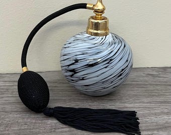 Fancy Vintage Black and White Swirled Art Glass Perfume Atomizer Bottle