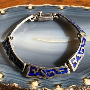 Vintage Mexican Sterling Silver Blue Lapis Mosaic Inlay Link Panel Bracelet