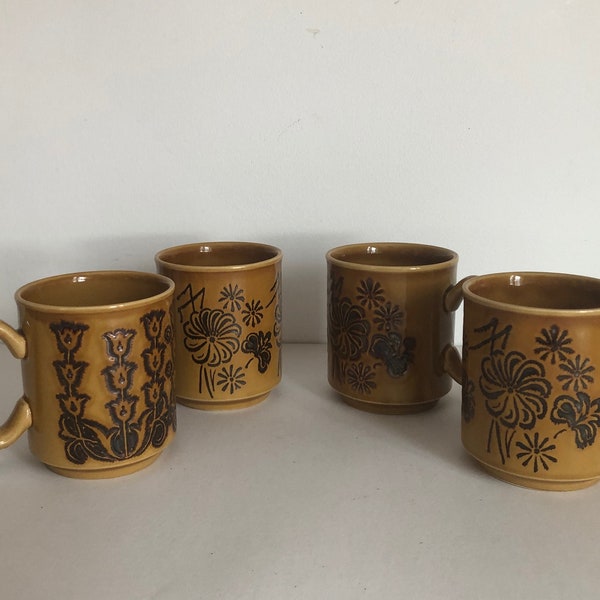 Set of 4 Vintage Mid Century WP England Stoneware Pottery Coffee Mugs Floral