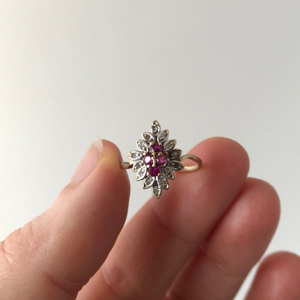 Vintage Dainty 10K Yellow Gold Ruby and Diamond Cluster Ring