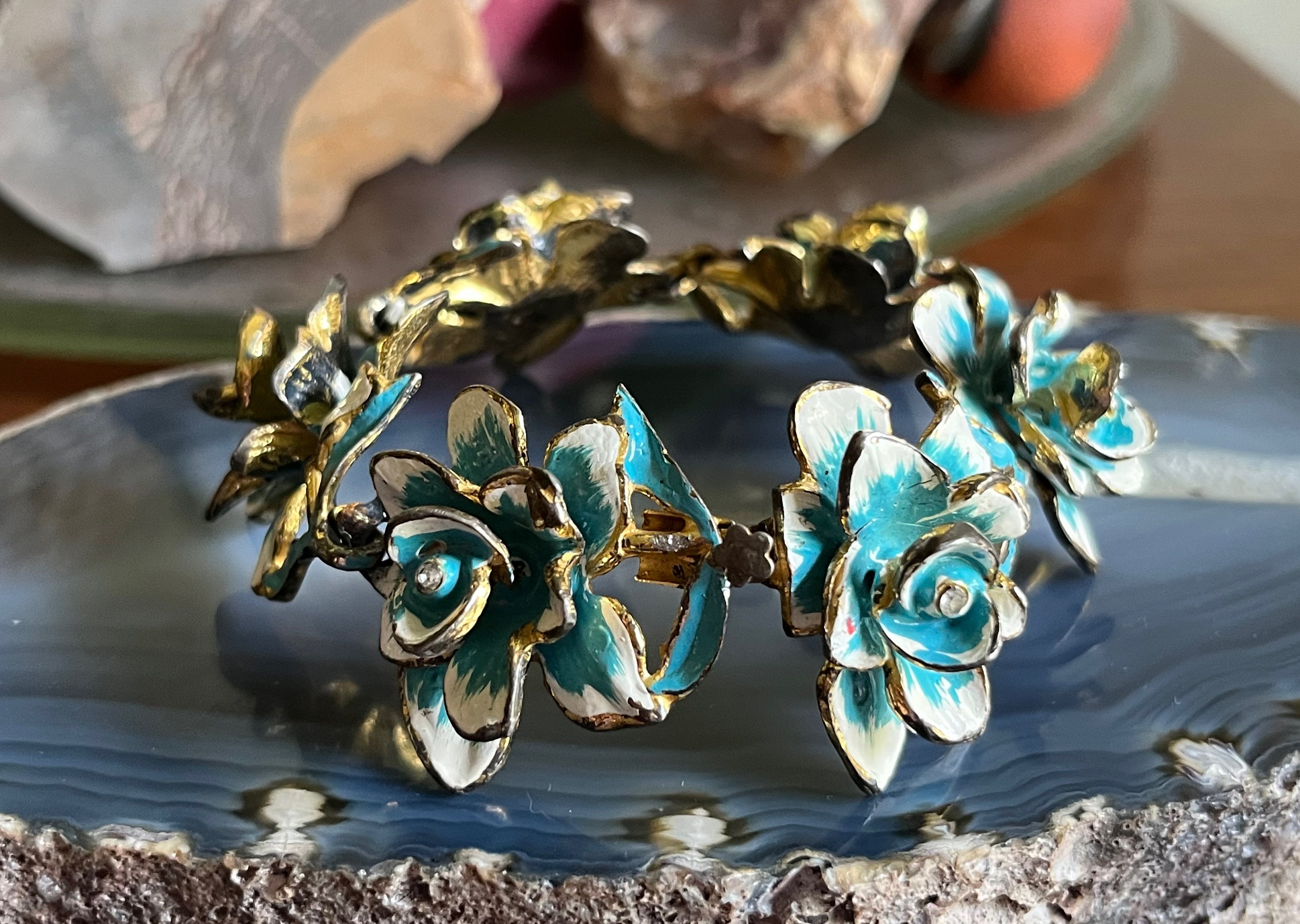 Vintage 1930s or 1940s Reja or Reinad Enamel Rhinestone Orchid Pot