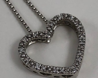 Vintage Sterling Silver Diamond Heart Shaped Slider Pendant Necklace