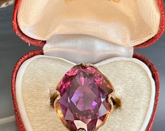 Huge Vintage 14K Gold Lab Created Purple Sapphire Ladies Dinner Cocktail Statement Ring