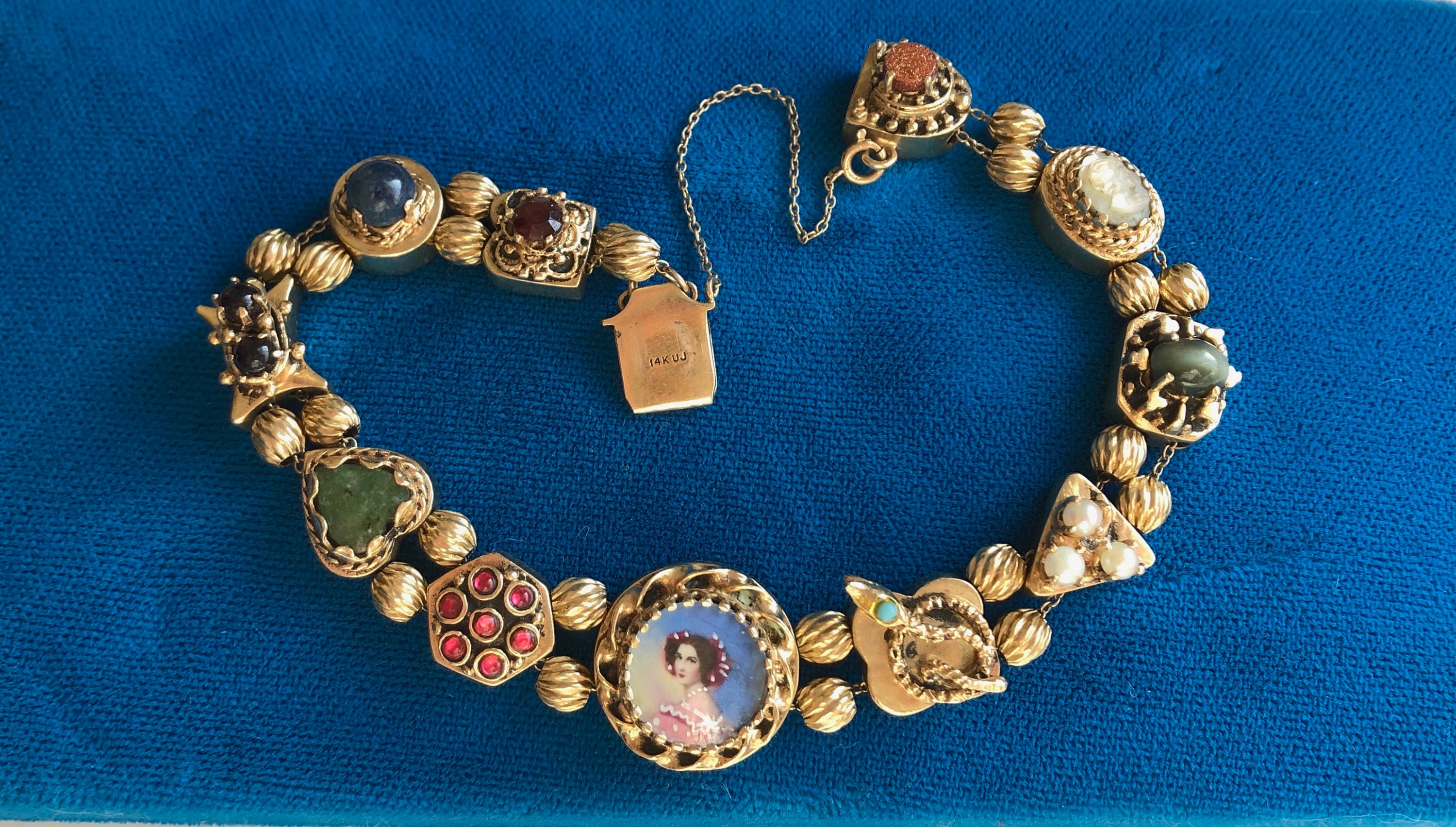 Vintage Antique Victorian Style 14K Gold Gemstone Enamel Slide Charm Bracelet