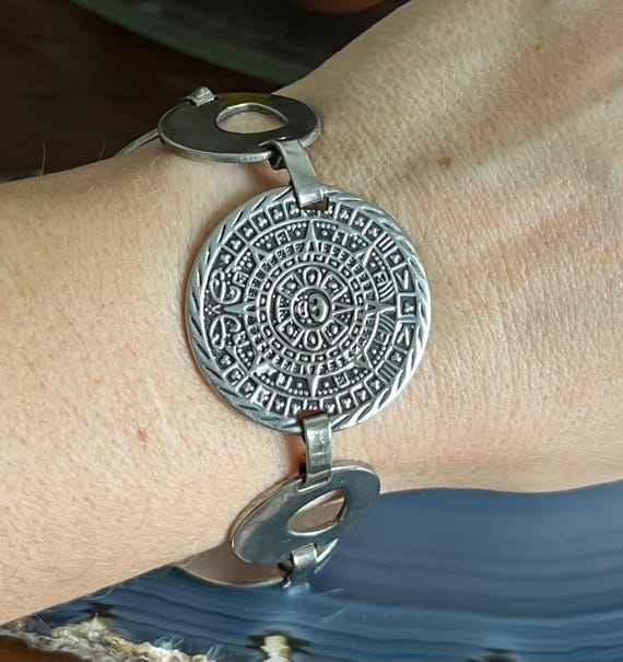 Vintage Mexican Sterling Silver Aztec Mayan Calendar Bracelet