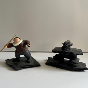 Peter Shaw Signed Canadian Native Art Sculptures Inuit Hunter and Inukshuk