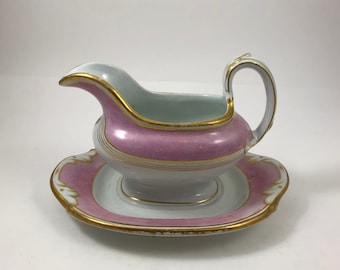 Antique 19thC Victorian Pink Pearlware Ceramic Gravy Boat with Attached Liner