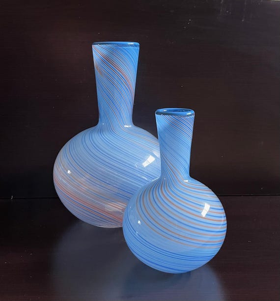 Pair Mid Century Modern MCM 1970s Dansk Mezza Filigrana Blue Art Glass Vases