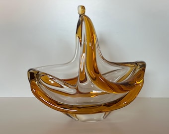 Panier en verre d'art tchèque vintage du milieu du siècle