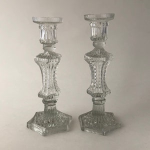 19th Century EAPG Lacy Pressed Flint Glass Candlesticks Candle Holders