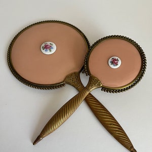 Vintage 1930s Pink and Antique Gold Tone Rose Enamel Hand Mirror and Brush Vanity Set