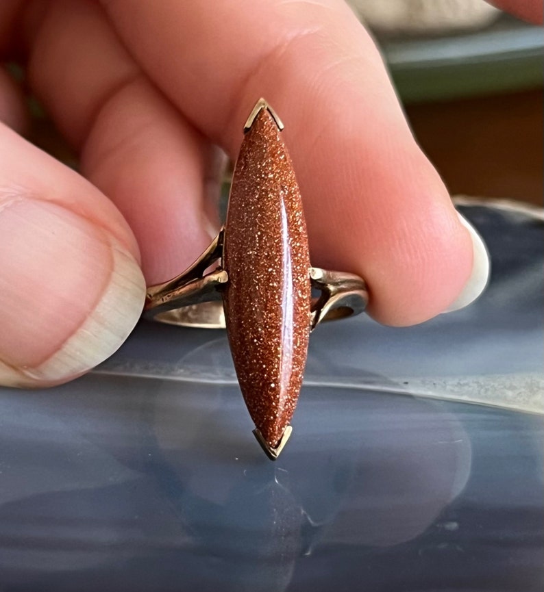 Vintage Antique 10K Gold Long Goldstone Navette Ladies Ring image 3