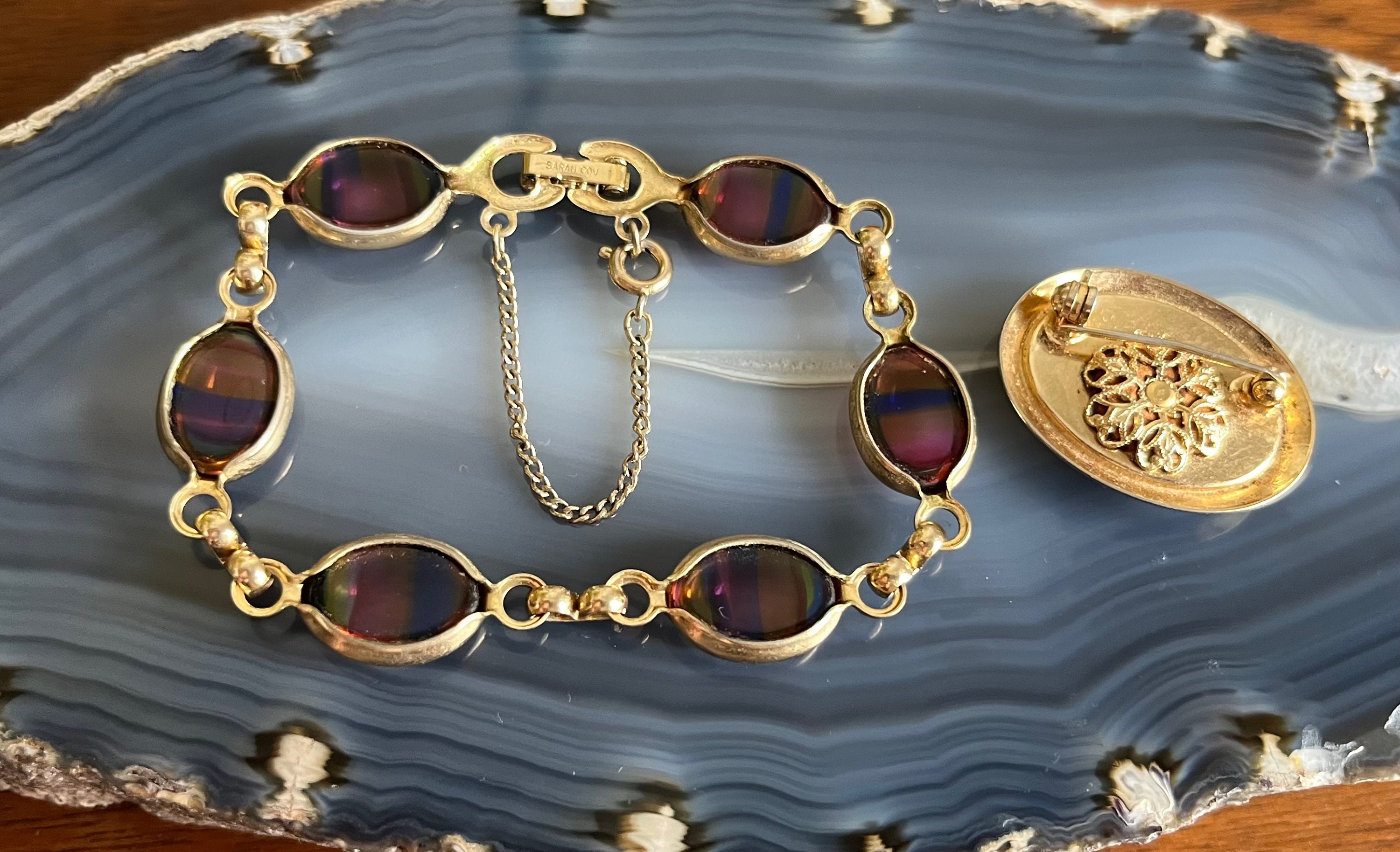 Vintage Sarah Coventry Rainbow Glass Brooch and Bracelet Set Vintage Sarah Coventry Rainbow Glass Brooch and Bracelet Set