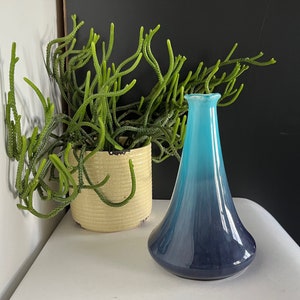 Peut inclure: Un vase en céramique bleu et turquoise avec un fond arrondi et une large ouverture. Le vase est posé sur une surface blanche devant une plante en pot aux tiges vertes.