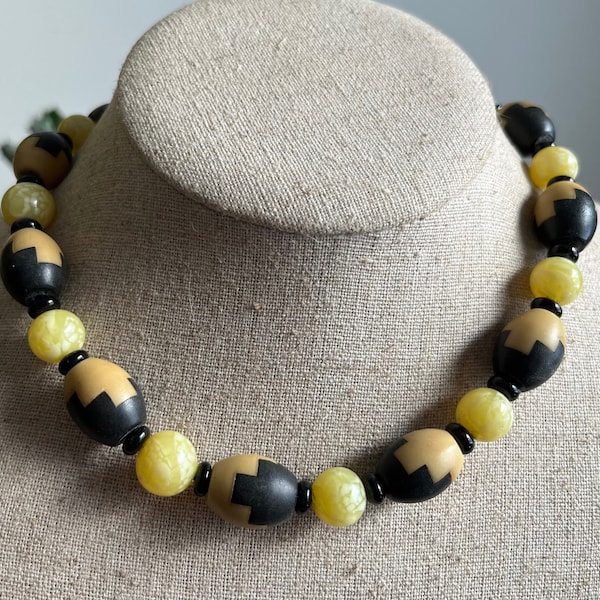 Vintage 1920s French Art Deco Louis Rousselet Glass and Galalith Puzzle Bead Necklace Black & Yellow